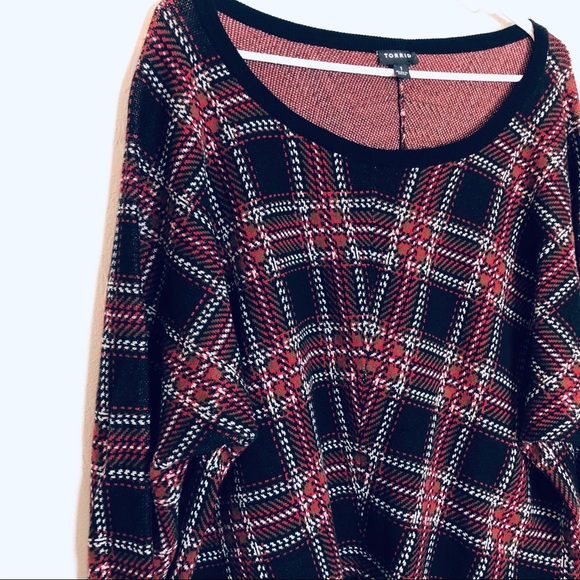 TORRID Scoop Neck Plaid Sweater Red and Black - Picture 4 of 8